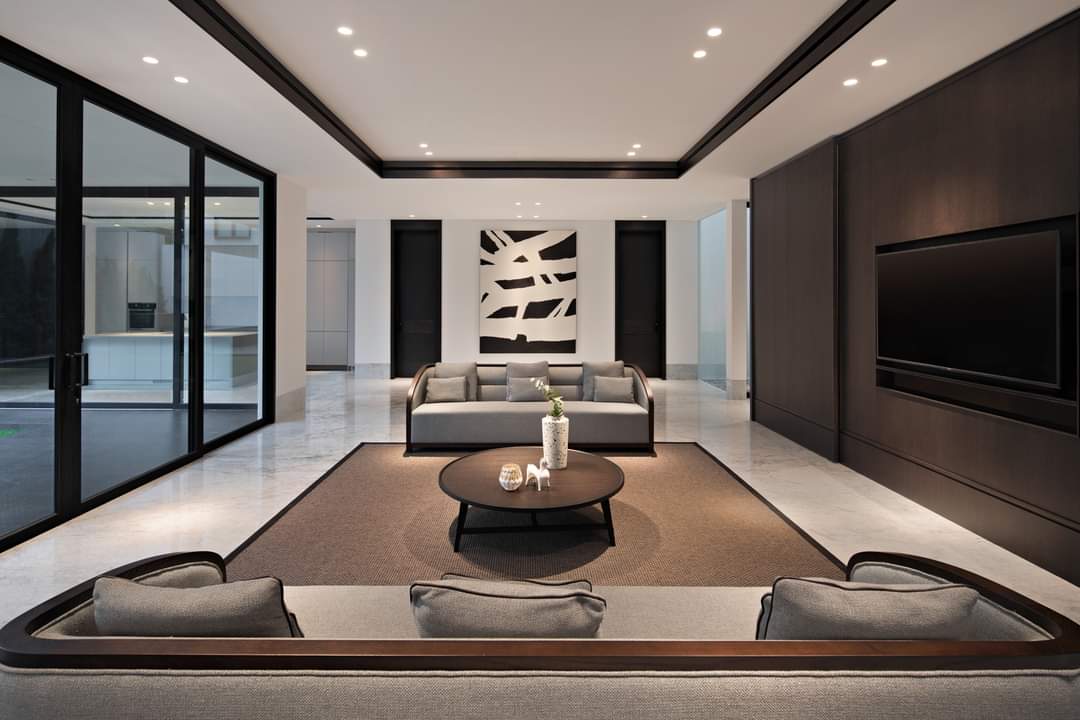 Interior Design Livingroom ruang tamu modern bahan HPL wood kayu coklat tua, lantai granit, wallpanel dinding Grogol Petamburan - Jakarta Barat