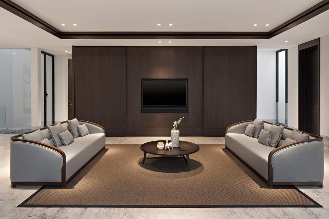 Interior Design Livingroom ruang tamu modern bahan HPL wood kayu coklat tua, lantai granit, wallpanel dinding Grogol Petamburan - Jakarta Barat