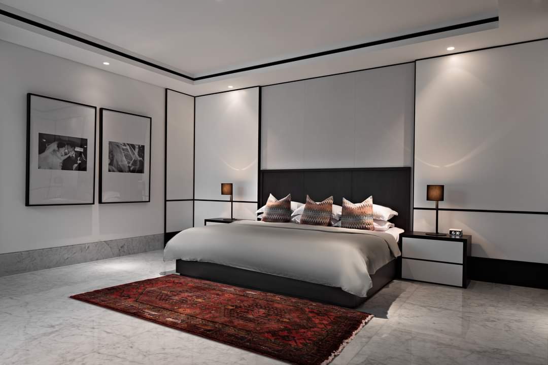 Design Interior Office Kantor Minimalis Modern Mewah di BSD Serpong - Tangerang - Banten, bahan HPL Hitam tekstur kayu, Kabinet, Wallpanel, tempat tidur, Bed
