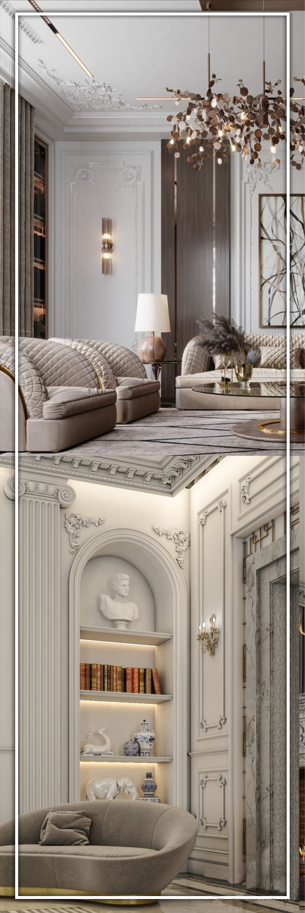 referensi design interior classic elegance Jakarta ruang tamu warna putih lighting warm netral