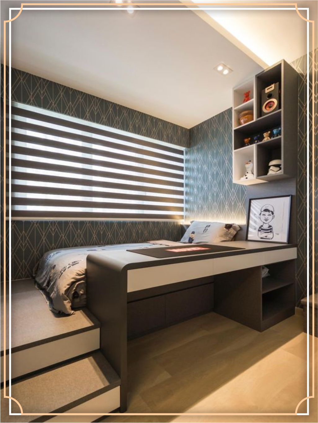 design interior bedroom (kamar tidur) minimalis modern design interior kamar tidur (bedroom) modern minimalis hitam putih abu-abu brown lighting warm di kebon jeruk - jakarta barat