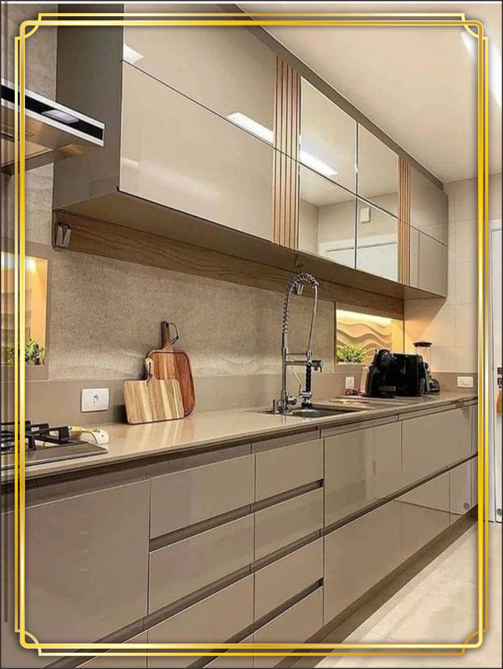 design interior kitchen dapur modern minimalis warna silver finishing duco lighting warma