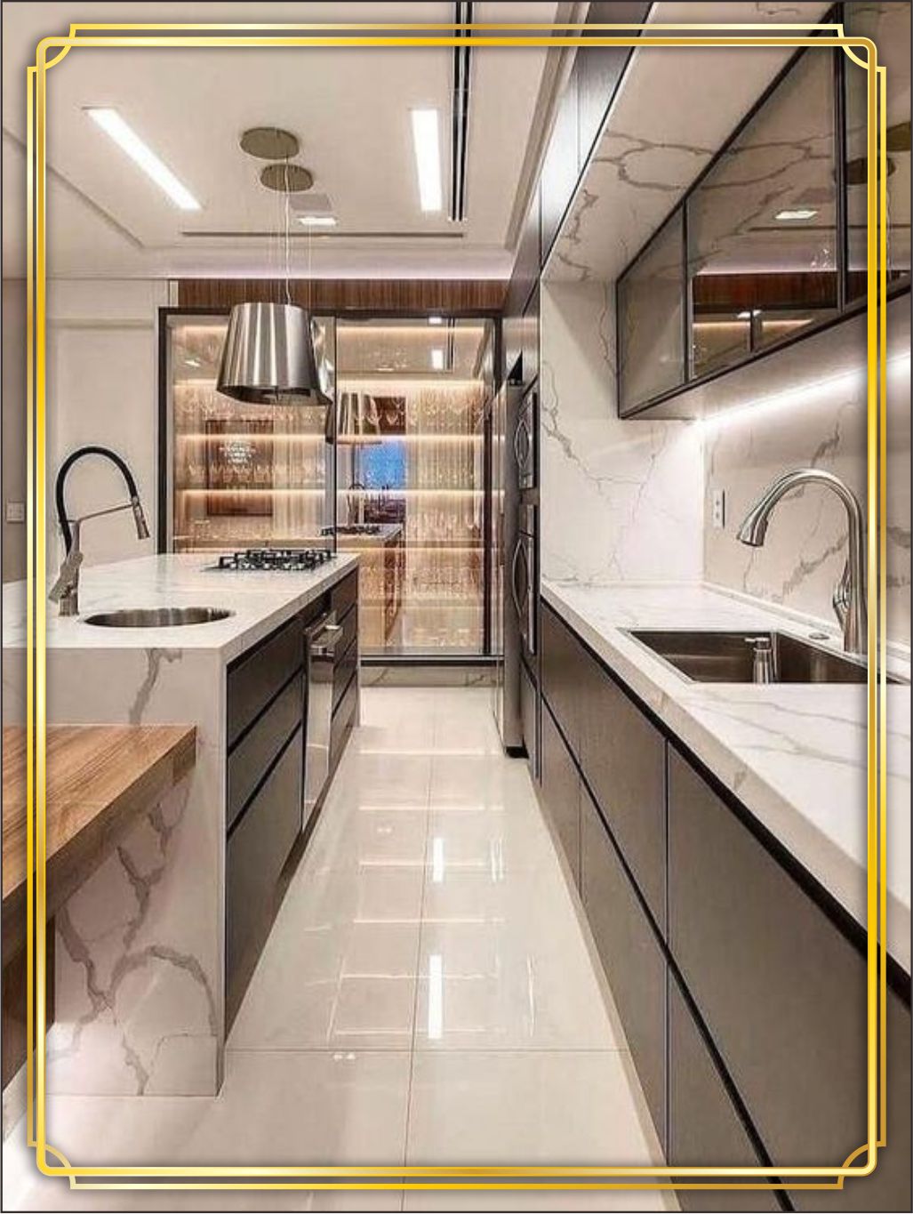 design interior kitchen dapur modern minimalis warna silver finishing duco lighting warma