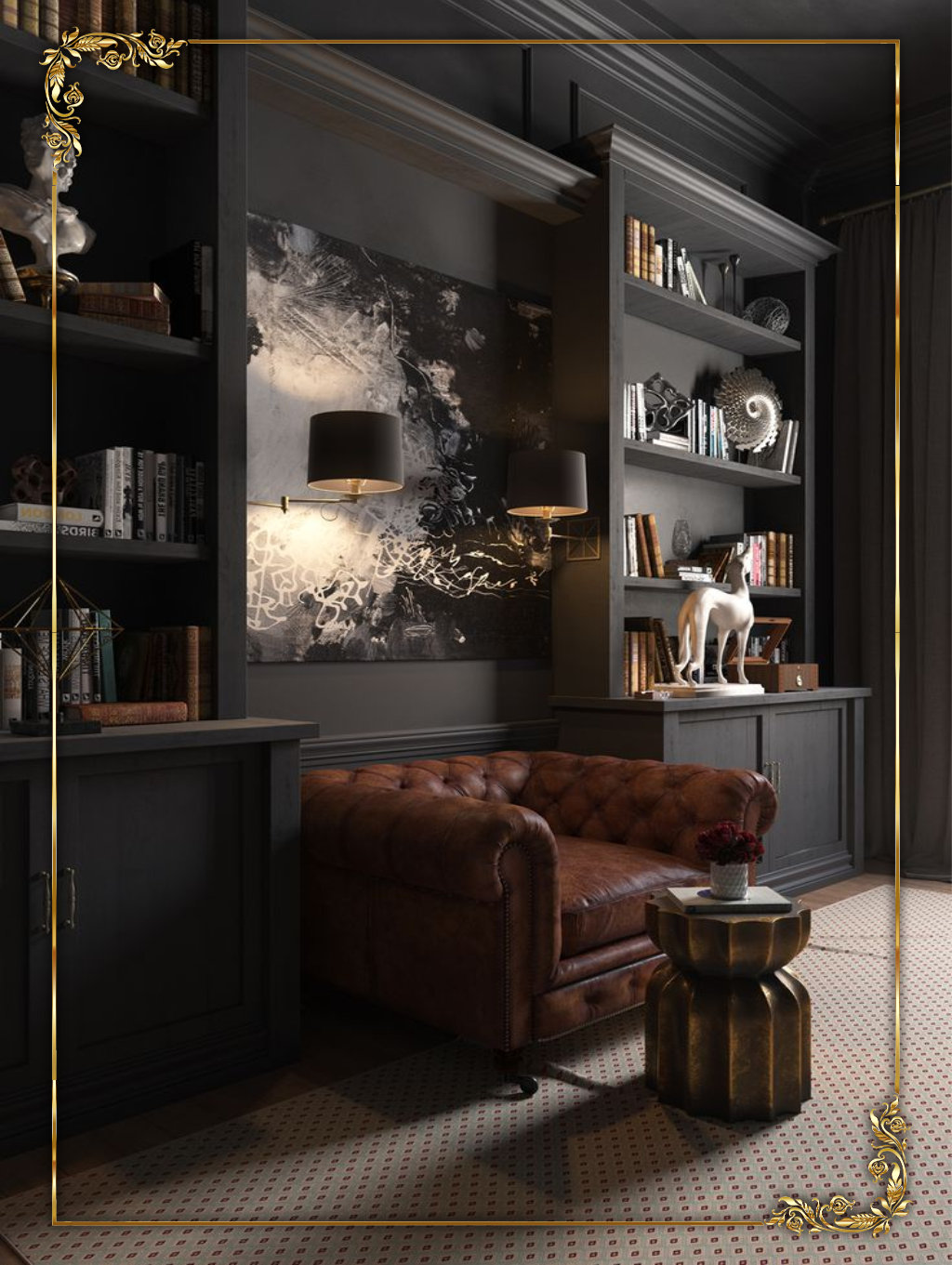 Design interior Ruang Tamu Livingroom Classic warna hitam elegan finishing duco sofa leather brown coklat