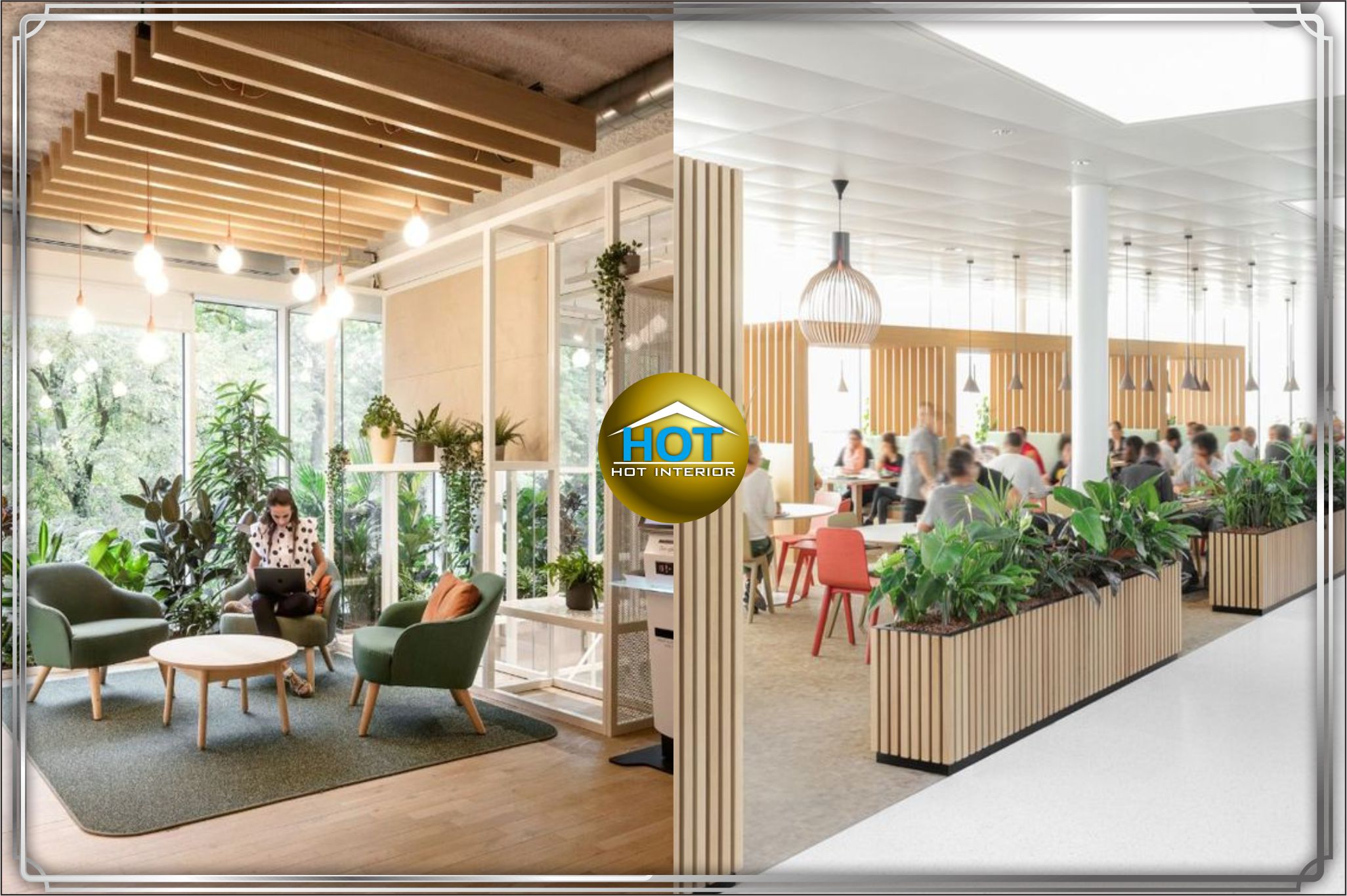 design interior kantor ( office ) minimalis modern dengan sentuhan tubuhan hijau tropis segar asri fresh